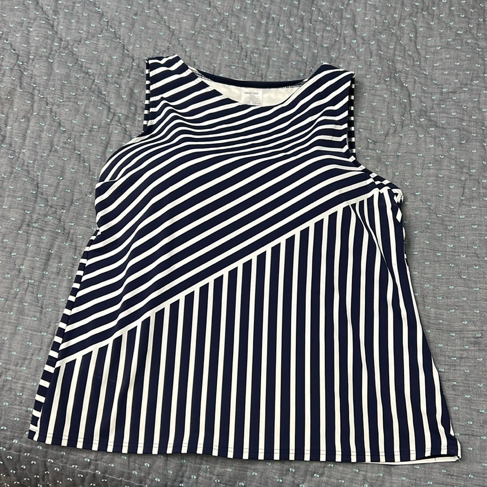 Lands End Blue White Swim Top Swimsuit Tank High Neck sz 16 DD Striped Stripes